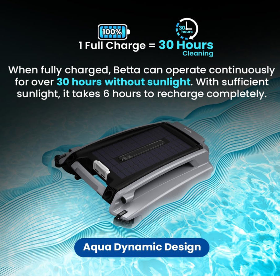 Betta SE Plus - Solar Powered Robotic Pool Surface Skimmer with Dual Charging Options and 30-Hour Continuous Cleaning Battery Power, Shallow Water Safeguard, and Twin Salt Chlorine Tolerant Motors