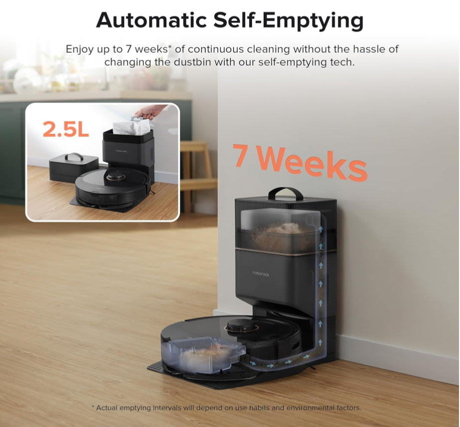 roborock Q8 Max+ Robot Vacuum and Mop, Self-Emptying, Hands-Free Cleaning for up to 7 Weeks, Reactive Tech Obstacle Avoidance, 5500 Pa Suction, DuoRoller Brush, APP-Controlled Mopping, Black