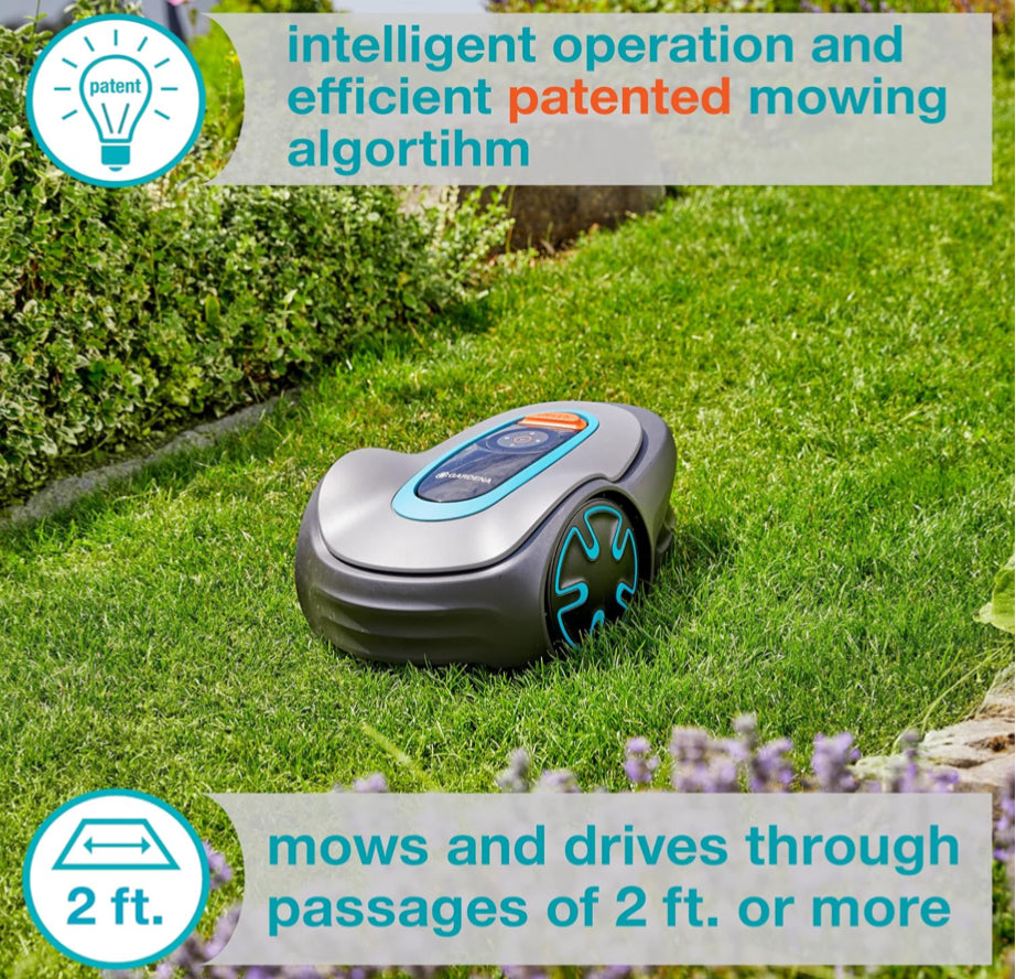 GARDENA 15201-41 SILENO Minimo - Automatic Robotic Lawn Mower, with Bluetooth app and Boundary Wire, one of The quietest in its Class, for lawns up to 2700 Sq Ft, Made in Europe, Grey