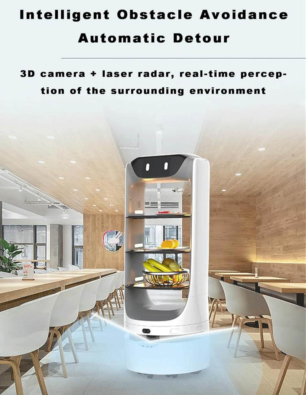 Automatic Food Delivery Robot Smart Robotic with Automatic Obstacle Avoidance, Autonomous Elevator Call/Door Control, for Restaurant Coffee Shop Hotel and Fast