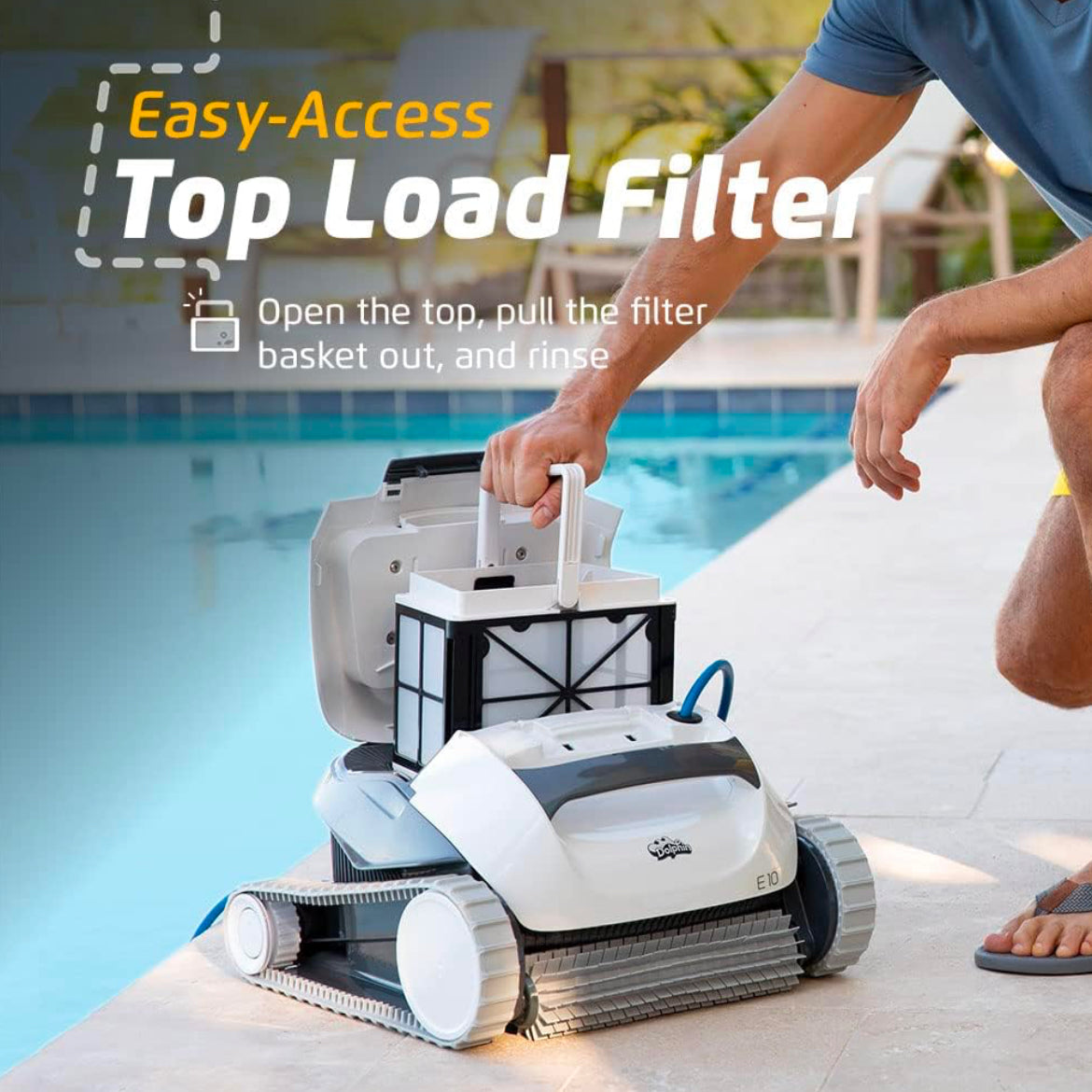 Dolphin (2025 Model) E10 Automatic Robotic Pool Vacuum Cleaner, Active Scrubber Brush, Top Load Filters Access, Ideal for Above-Ground Pools up to 30 FT in Length