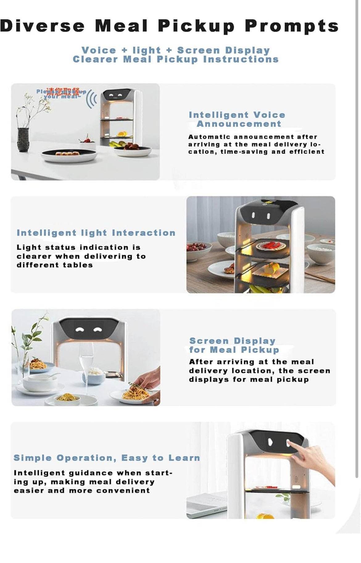 Automatic Food Delivery Robot Smart Robotic with Automatic Obstacle Avoidance, Autonomous Elevator Call/Door Control, for Restaurant Coffee Shop Hotel and Fast